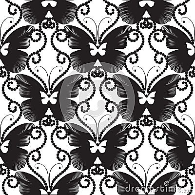 Line art abstract butterflies vector seamless pattern. Black and white monochrome ornamental background. Swirl dotted lines Vector Illustration