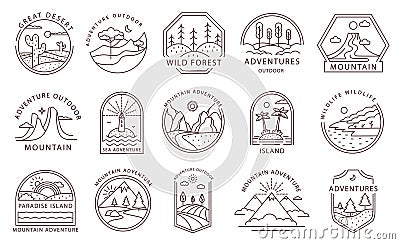 Line art adventure badges. Outline travel emblems with outdoor landscapes. Minimal mountain, island, desert and wild Vector Illustration