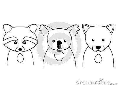 Line art animals on white background. Set of little raccoon, koala and wolf Vector Illustration