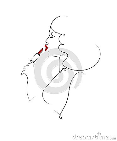 Line art, beautiful lady is putting on red lipstick Vector Illustration