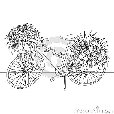 Line art of bicycle decorate with flowers for design element. Vector illustration Vector Illustration