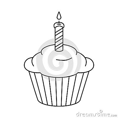 Line art black and white birthday cupcake Vector Illustration