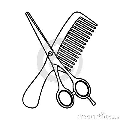 Line art black and white comb and scissors Vector Illustration