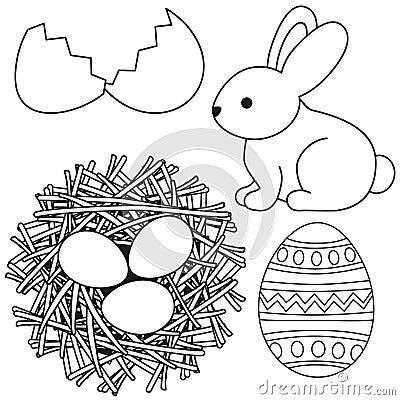 Line art black and white easter icon set egg shell bunny chicken nest icon set. Vector Illustration