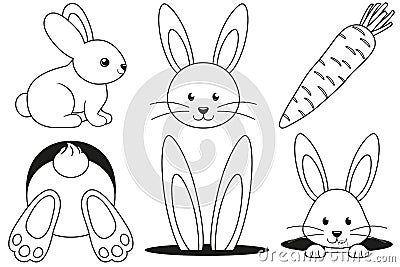 Line art black and white rabbit carrot icon set. Vector Illustration