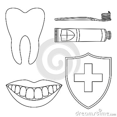 Line art black and white teeth cleaning set Vector Illustration