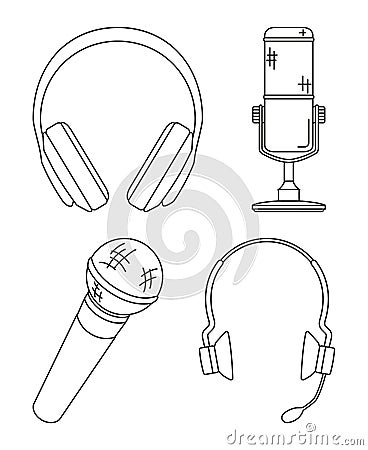 Line art black and white various headset collection Vector Illustration