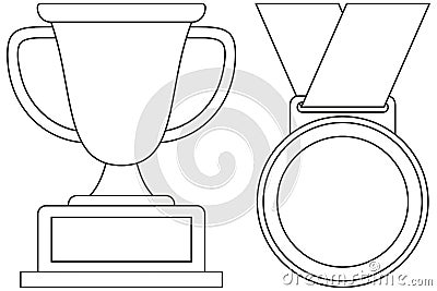 Line art black and white winner cup medal icon set Vector Illustration