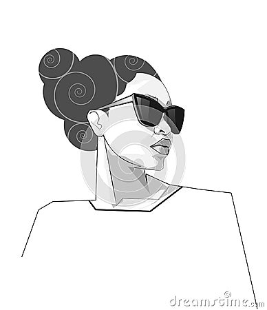 Line art, black woman - female portrait with sunglasses. Vector drawing black and white color. Images of beauty young lady face. Vector Illustration