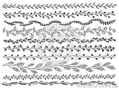 line art botanical borders bundle black and white floral frames plants and herbs ink drawing, isolated linear borders collection Vector Illustration