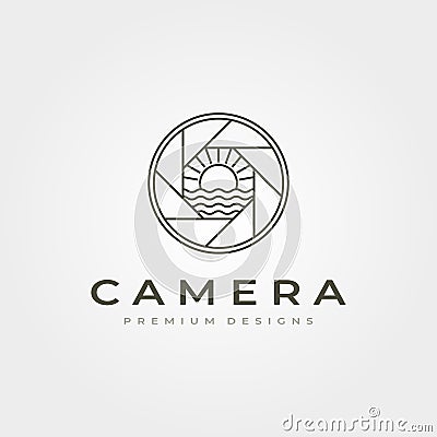 Line art camera lens log with ocean sunburst view vector illustration design Vector Illustration