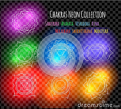 Line art chakra symbols with neon glow Vector Illustration
