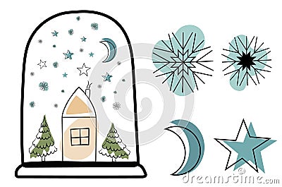 Line art Christmas house in the glass and snowfalls illustration set, vector Christmas decoration clipart Vector Illustration