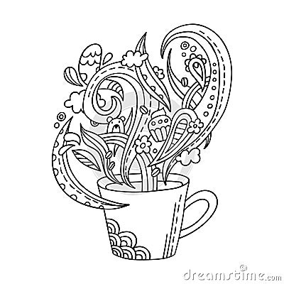 Line art cup of coffee. Vector adult coloring page a cup and ornate steam in doodle style. Vector Illustration