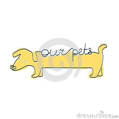 Line art Dachshund dog with cursive text Our pets Vector Illustration