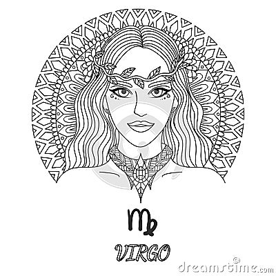 Line art design of beautiful girl,virgo zodiac sign for design element and coloring book page for adult Vector Illustration