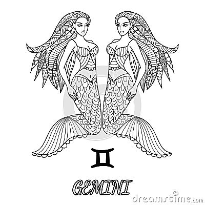 Line art design of Gemini zodiac sign for design element and adult coloring book page.Vector illustration Vector Illustration