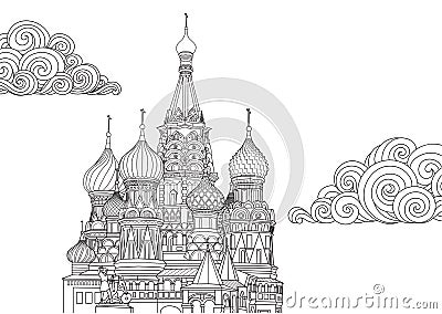 Line art design of Saint Basil in Moscow, Russia for design element and coloring book page. Vector illustration Vector Illustration