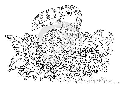 Line art design of Toucan bird sitting on branch for adult coloring book page.Black and white illustration Vector Illustration