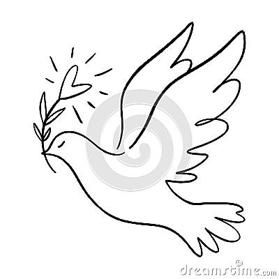 Line art dove. Flying pigeon logo drawing. Black and white vector illustration. Good for greeting card, banner, flyer Vector Illustration