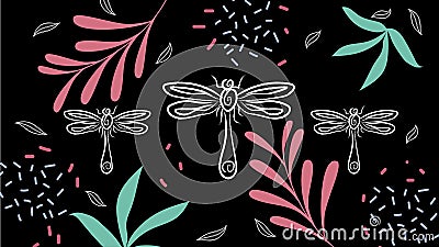 Line art dragonfly floral black background Vector Illustration