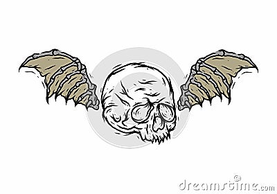 Line art drawing of skeleton head and wings Vector Illustration