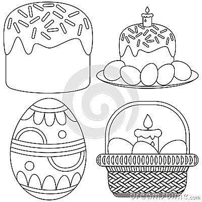 Line art easter candle egg basket cake icon set. Vector Illustration