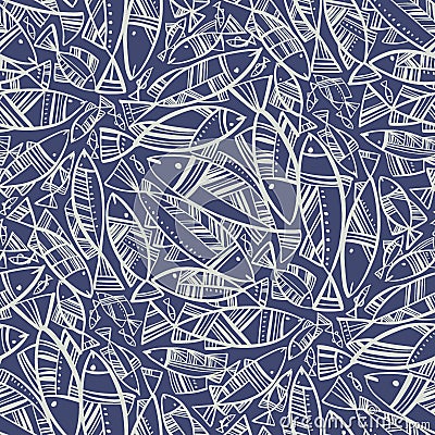 Line art folk-style school of fish seamless pattern Vector Illustration