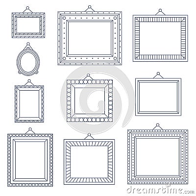 Line Art Frame Photo Picture Painting Decoration Drawing Symbol Template Icon Set on Stylish Black Background Retro Vector Illustration