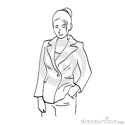Line art half length of businesswoman standing with smile illustration vector hand drawn isolated on white background Vector Illustration