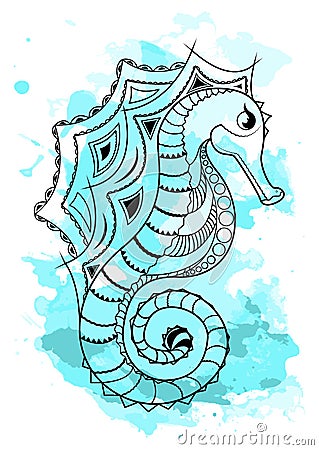 Line art hand drawing black sea horse isolated on white background with blue watercolor blots. Doodle style. Tattoo Vector Illustration