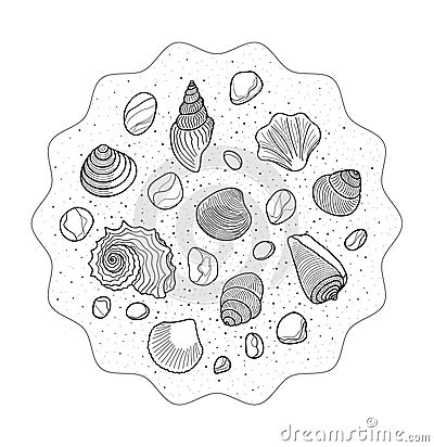 Line art hand drawn set of shells cartoon doodle objects, round composition. Vector Illustration