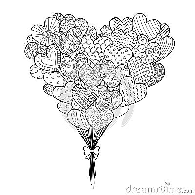 Line art of hearted shape balloons for design element and coloring book page with Valentines or wedding theme. Vector illustration Vector Illustration