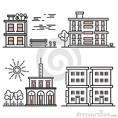 Line art houses collection - city objects with nature elements Vector Illustration