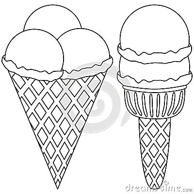 Line art ice cream 2 3 ball cone black and white icon set. Vector Illustration