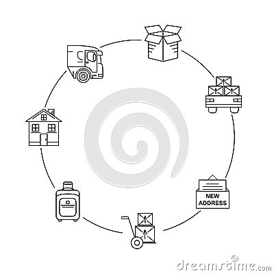 Line art icon infographic set for Moving. Thin line art icons. Flat style illustrations isolated. Vector Illustration