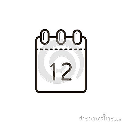 Line art icon of the tear-off calendar with number twelve on sheet Vector Illustration