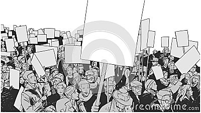 Line art illustration of crowd protest with blank signs and banners Vector Illustration