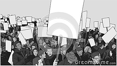 Line art illustration of crowd protest with blank signs and banners Stock Photo