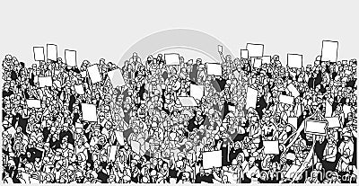 Line art illustration of crowd protest with blank signs Cartoon Illustration