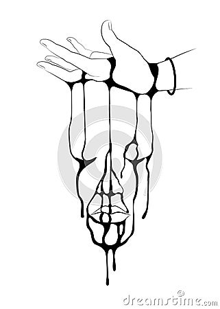 Line art illustration of Hand upside down with bleeding down. Face shape. Vector Illustration