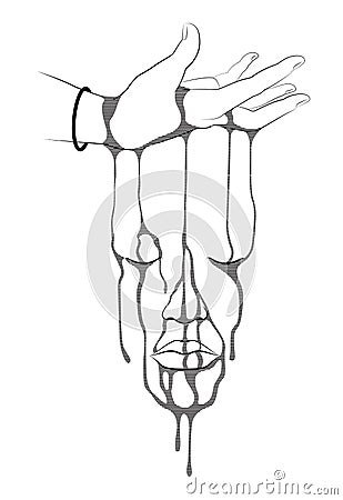 Line art illustration of Hand upside down with bleeding down. Face shape. Vector Illustration