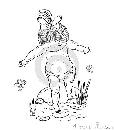 Line art illustration of a small girl on a stone takes a step into the water Cartoon Illustration