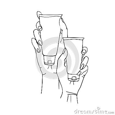 Line art of male and female hands holding hand creams. Doodle illustration isolated on white background. Vector Illustration