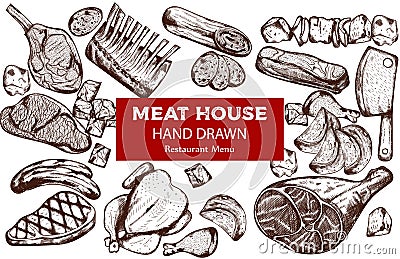 Line art meat set with sausage, steak, pork ribs and butcher knife Vector Illustration