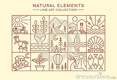 line art of natural elements collection Vector Illustration