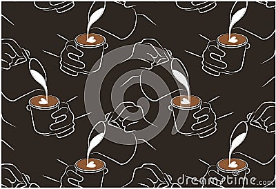 Line art pattern of barista making a coffee with milk on brown background. Chalk drawing hands, cup of coffee Vector Illustration