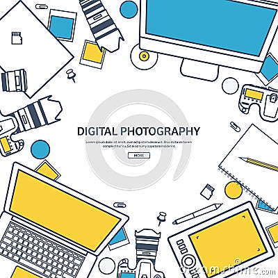 Line art.Photographer equipment on a table. Photography tools, photo editing, photoshooting flat background. Digital Vector Illustration