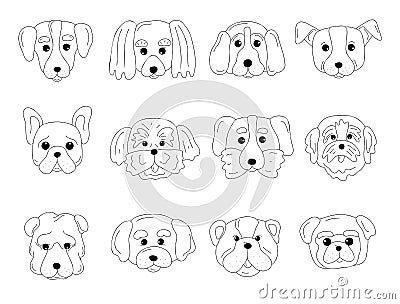 Line art of popular dog breeds faces. Canine breeds muzzle in doodle style set. Ink hand drawn heads of funny puppies Vector Illustration