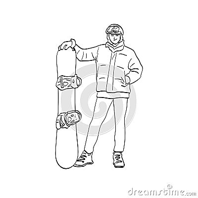 Line art professional snowboarder stands with his snowboard illustration vector hand drawn isolated on white background Vector Illustration